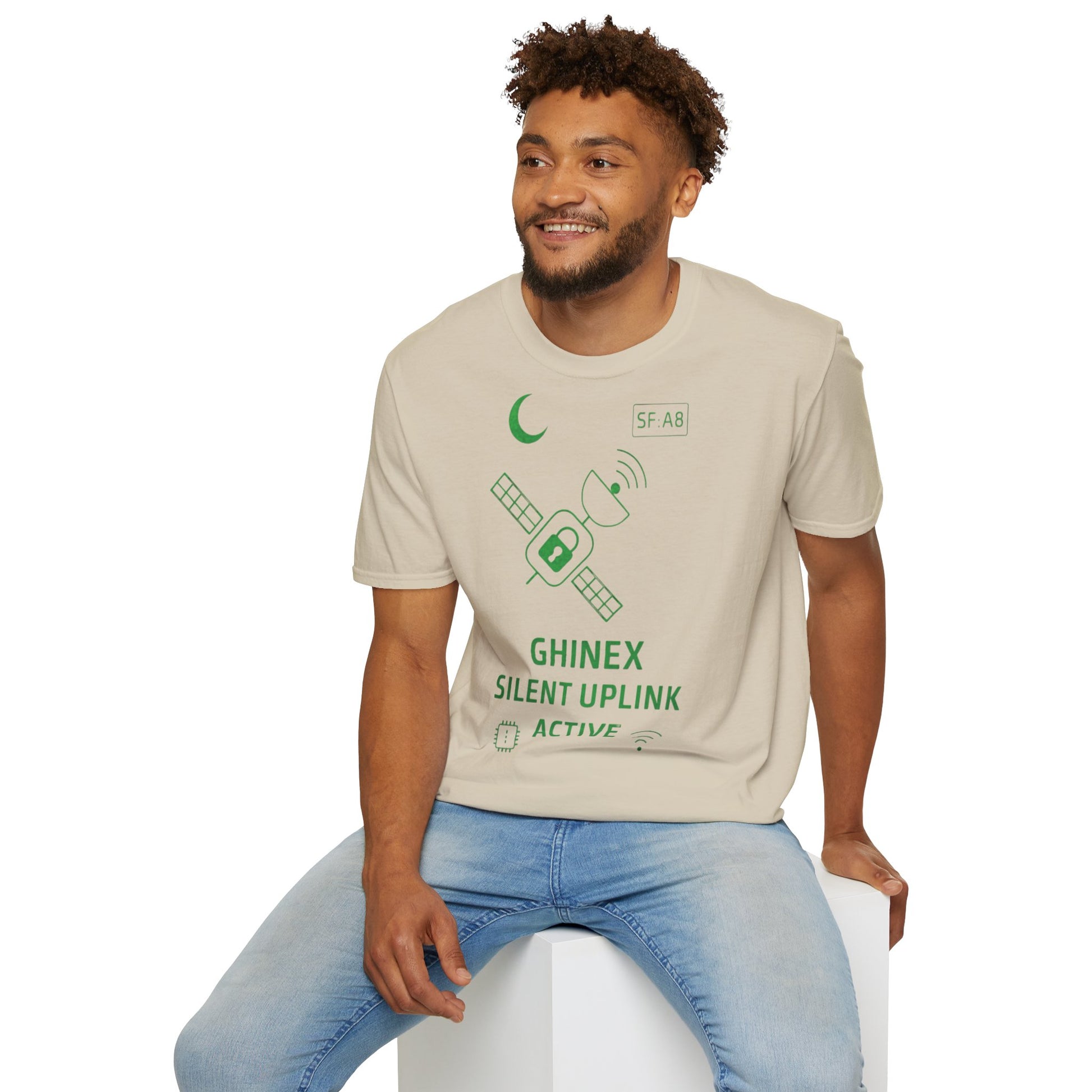 Tricou unisex Active Link din bumbac 100%, design satelit, culoare sand
